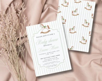 Vintage groene genderneutrale babyshoweruitnodiging | Vintage hobbelpaard