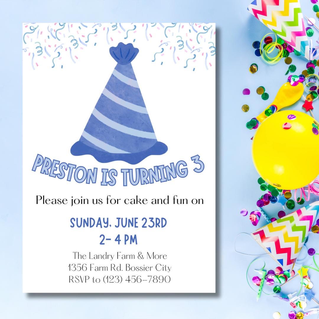 Boys Birthday Invitation | Blue Party Hat Birthday Invite | Editable ...