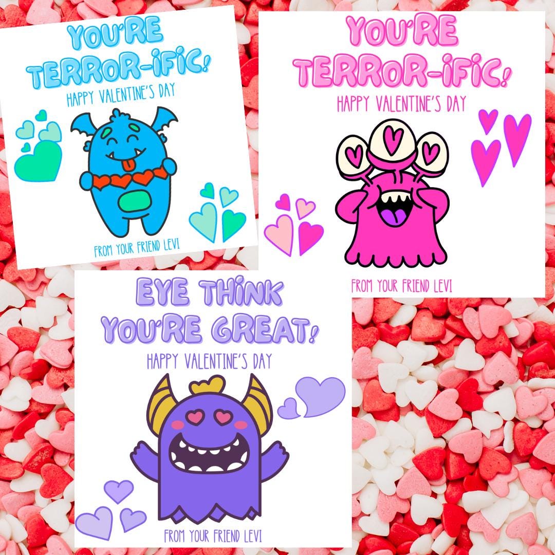 Valentine’s Day Cards for Kids, Printable Silly Monster School ...