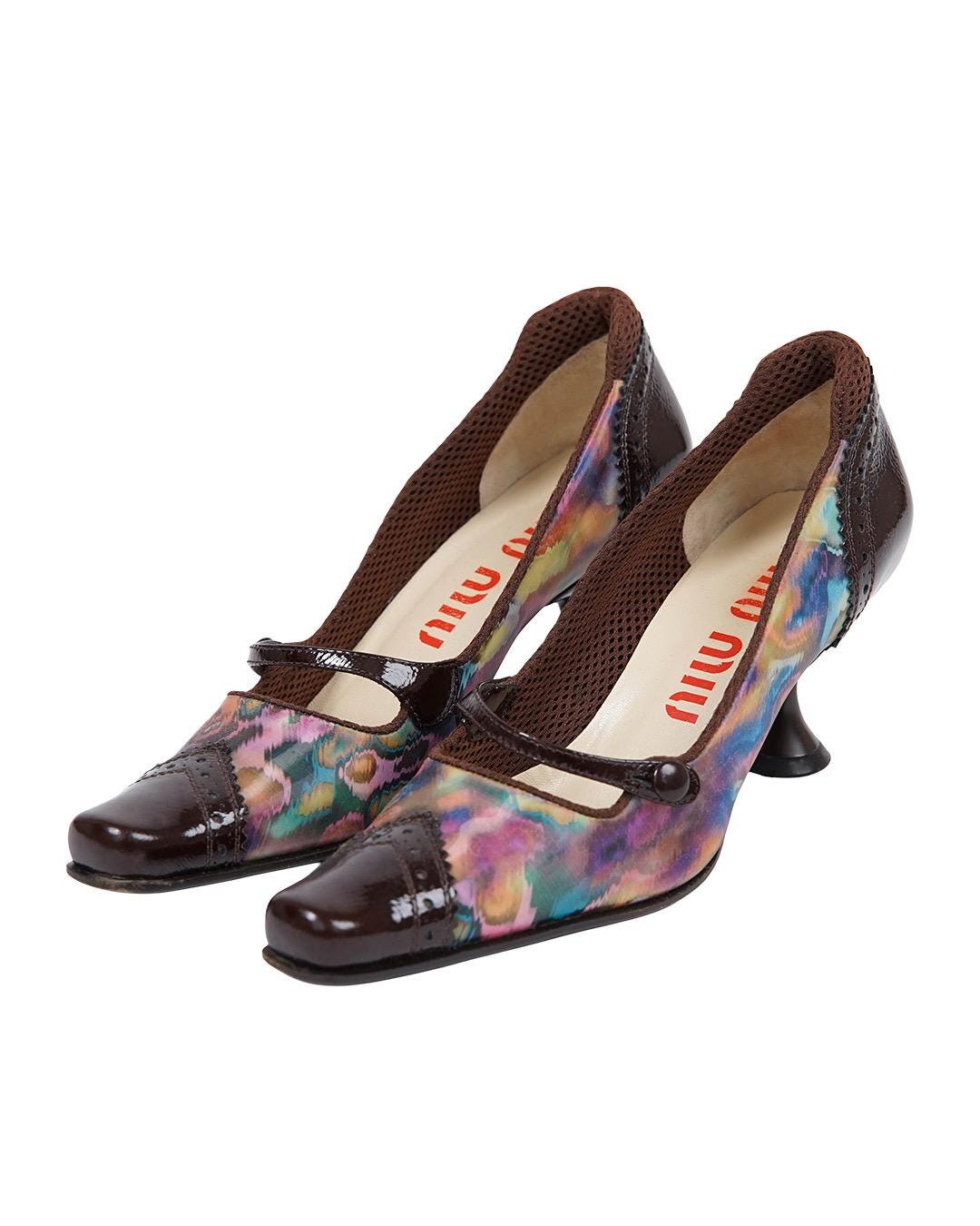 【☆】MIU MIU leather shoes heels 38 1/2 Miu Miu Leather Brown Chunky High Heel 8 Peep Toe Vintage