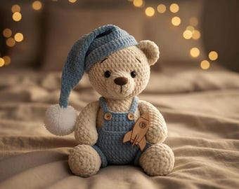 Sleepy Teddy Bear Crochet Pattern PDF, Cute Amigurumi Bear Plush Toy, Overalls & Nightcap, Baby Gift Idea, Instant Download