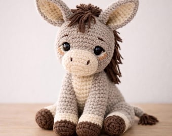 Peluche asino fatto a mano all'uncinetto - Giocattolo amigurumi per animali da fattoria - Decorazione neutra per la cameretta dei bambini - Cotone morbido