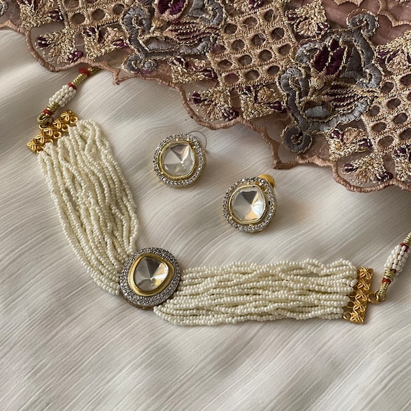 Pearl necklace choker kundan indian jewellery