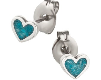 Stud earrings heart 2 inlay turquoise silver 925 sterling as earrings with small jewelry box