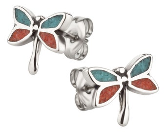 Stud earrings dragonfly inlay turquoise coral silver 925 sterling as earrings with small jewelry box