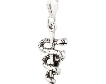 7K Unisex Charm Pendant Veterinarian Tech Veterinary Rod of Aesculapius made of 925 Sterling Silver with Lobster Clasp (26 x 12 mm)