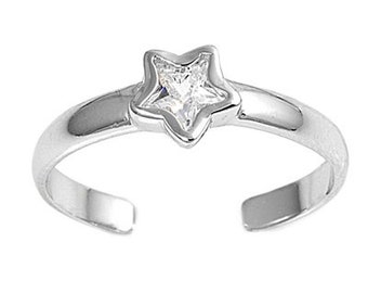 Zehenring aus 925 Sterling Silber als Fußschmuck oder Fingerring oder offener Midi Ring, verstellbar,  Weißer Zirkonia Stern