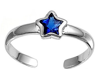Zehenring aus 925 Sterling Silber als Fußschmuck oder Fingerring oder offener Midi Ring, verstellbar, Blauer Zirkonia Stern 3