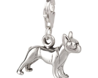 7K Unisex Charm Pendant Dog Boston Terrier Made of 925 Sterling Silver with Lobster Clasp (16 x 14 mm)