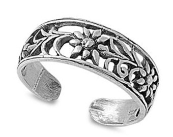 Zehenring aus 925 Sterling Silber als Fußschmuck oder Fingerring oder offener Midi Ring, verstellbar, Blume 8