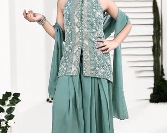 Indian Ethnic Girls Kurta Palazzo Set with Dupatta, Traditonal Festive Wear, Embrodiery Work