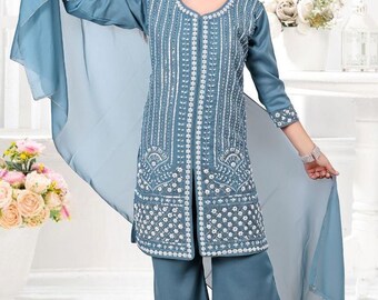 Girls Indian Kurta Plazzo Set with Dupatta, Georgette Fabric, Beads Work