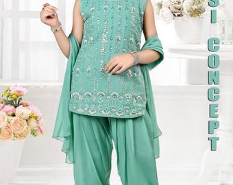Indian Ethnic Teal Kurta Patiyala Set for Girls | Traditional Wear | Festive Dress | Dno - 9057