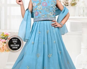 Girls Blue Embroidered Lehenga Choli with Dupatta, Festive Indian Ethnic Wear