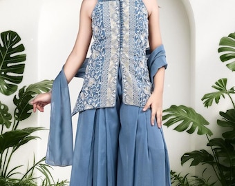 Indian Ethnic Blue Kurta Plazzao Set for Girls | Traditional Wear | Festive Dress | Dno - 9040