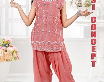 Indian Ethnic Girls Kurta Patiyala Set, Gerogette fabric, hand work Embroidery