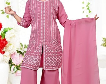 Girls Indian Kurta Palazzo Set with Dupatta, Georgette Fabric, Beads Work