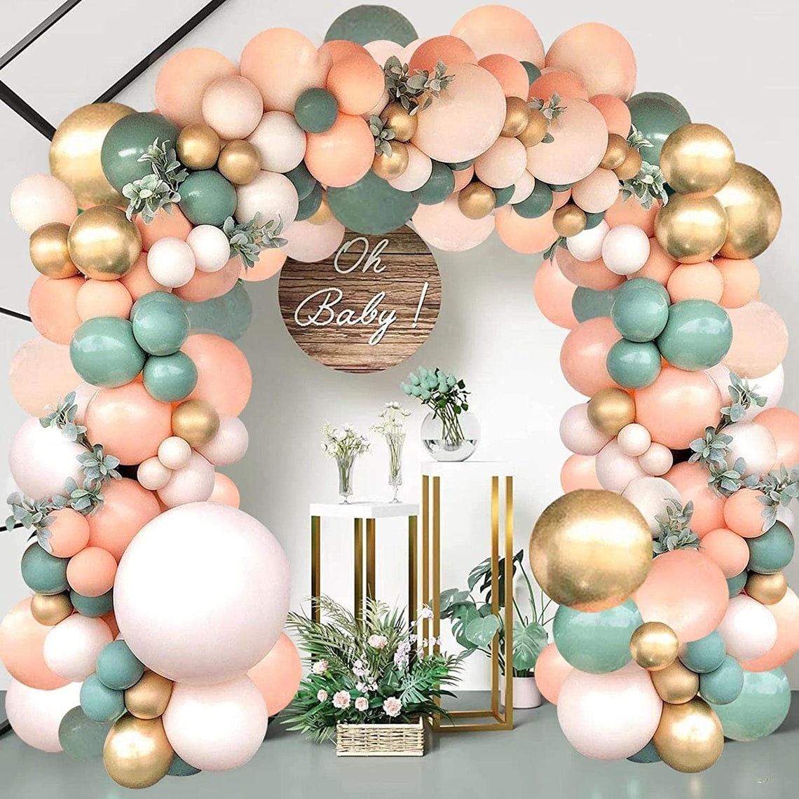 141 PCS Sage Green Balloon Garland Arch Kit - Olive, Peach, White, Gold,  Leaves