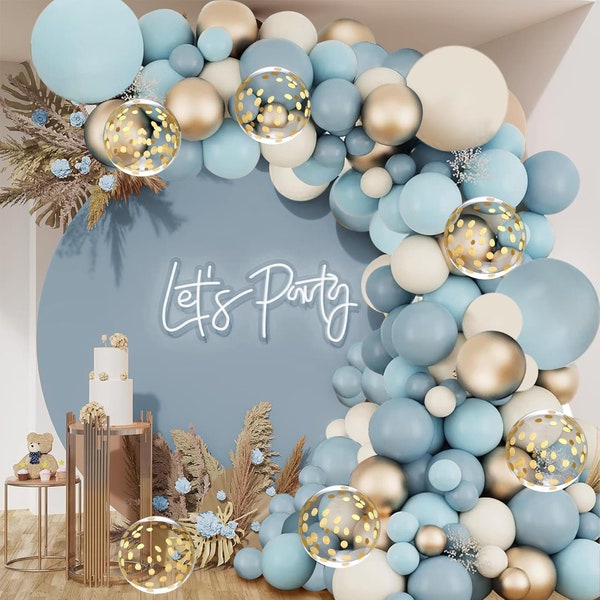 Dusty Blue Balloon Garland Kit, Dusty Slate Fog Baby Blue Metallic Gold Sand White and Gold Confetti Balloons