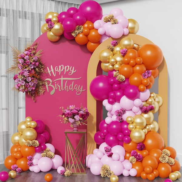 Hot Pink Orange Balloon Garland Arch Kit, 158pcs Pink Orange and Chrome Metallic Gold Balloons for Birthday Baby Shower Tropical Party