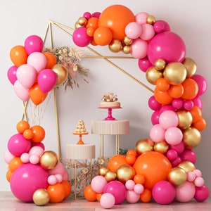 Pink Orange Balloon Garland Arch Kit, 124pcs Hot Pink Orange Chrome Metallic Gold Latex Balloons