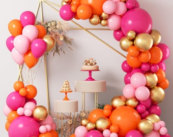 Pink Orange Balloon Garland Arch Kit, 124pcs Hot Pink Orange Chrome Metallic Gold Latex Balloons