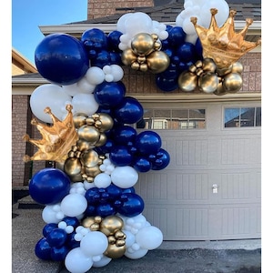 145pcs Navy Blue Balloon Garland Arch Kit, Gold White Royal Blue Balloons with Crown Foil Balloons for Boys Birthday Party Graduation Baby