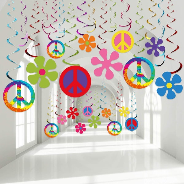 60's Hippie Theme Party Foil Swirl Decorations, 60s Groovy Party Retro Flower Cutouts Peace Sign Hanging Swirls Ceiling Decorations