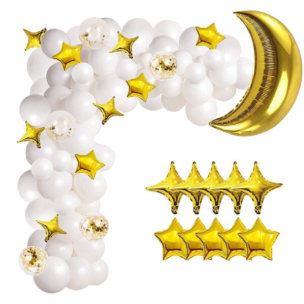 White Balloon Garland Kit - 131pcs White Balloons with Moon and Star Balloons