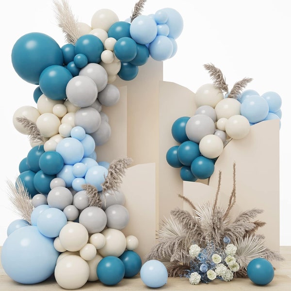 Slate Blue Balloon Arch Kit, Pastel Blue Gray Sand White Latex Party Balloons for Wedding Reception Banquet Engagement Bridal Shower