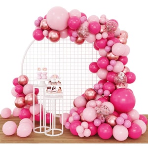 Pink Balloon Arch Garland Kit, Hot Pink Rose Gold Chrome Balloons for Birthday Shower Princess Theme Party Background Decorations