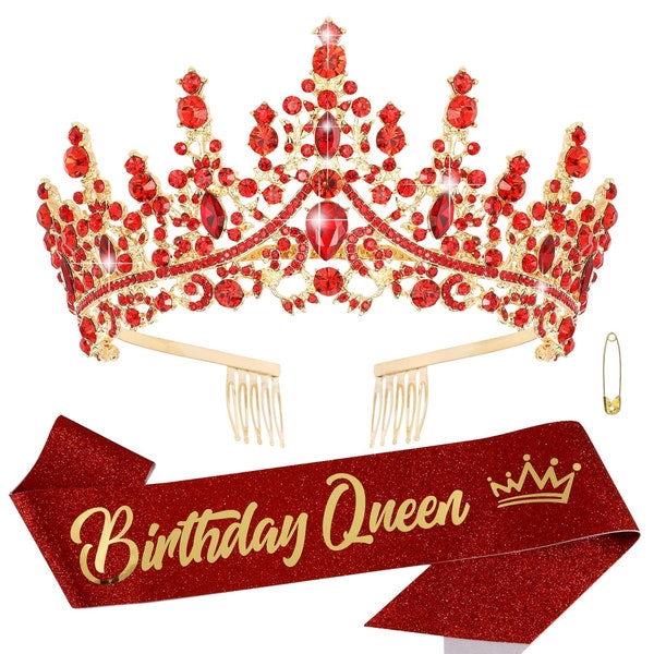 Red Tiara Crown Birthday Queen Sash Tiaras and Crowns for Women Girls Crystal Princess Tiara Rhinestone Headbands Crown Headpieces