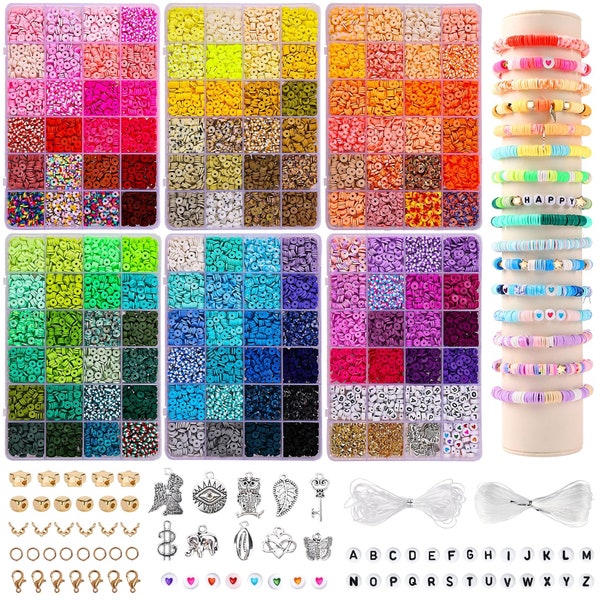 14000 PCS 136 Colors Clay Beads Bracelet Making Kit 6 Boxes Friendship Bracelet Kit Flat Polymer Clay Beads Spacer Heishi Beads