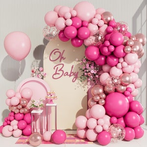 138pcs Pink Balloon Arch Garland Kit with Different Size Pastel Hot Pink White Metallic Rose Gold Confetti Balloons