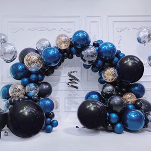 Blue Balloon Garland Arch kit-136PCS Black Metallic Blue Metallic Silver and Gold Confetti Latex Balloons for Baby Shower