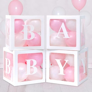 Baby Boxes for Baby Shower Decoration with 8 Letters and 36 Balloons 4pcs Clear Balloon Boxes BABY Blocks