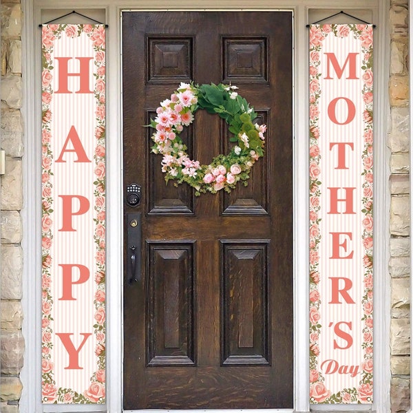 Happy Mother's Day Porch Banner I Love Mom Pink Rose Floral Holiday Party Front Door Sign Wall Hanging Banner Decoration