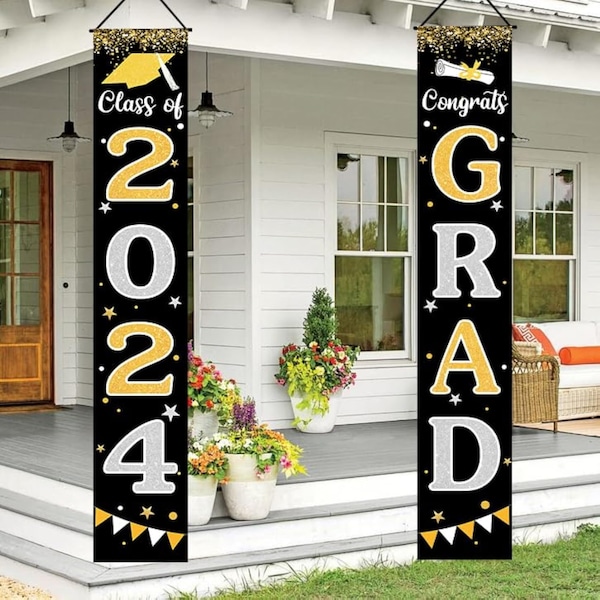 Graduation Decorations 2024 GRAD Banner Black Graduation Party Decorations 2024 Porch Door Welcome Banners For Class School