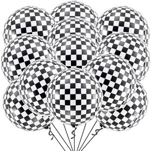 Black and White Checkered Balloons - 22 Inch, Pack of 12 | 4D Sphere Race Car Balloons