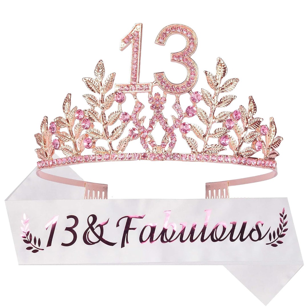 13th Birthday Tiara & Sash Set – Rose Gold Glitter Crown & Sash For Girls – Birthday Party Decorations