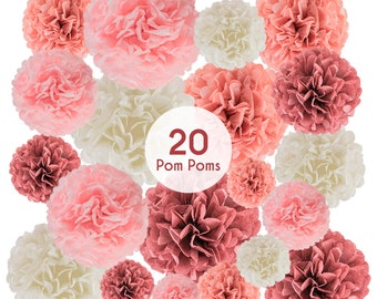 20 Piece Tissue Paper Pom Poms | Blush Pink, Dusty Rose, Mauve & Cream | Colorful Paper Flower Wall Decorations