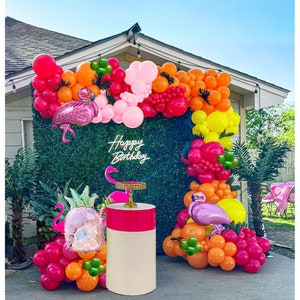 Tropical Hot Pink and orange flamingo Balloons garland arch kit