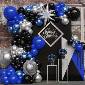 Blue and Black Balloon Garland Arch Kit 136PCS Blue and Black Silver Balloon with Silver Starburst Disco Ball Balloon