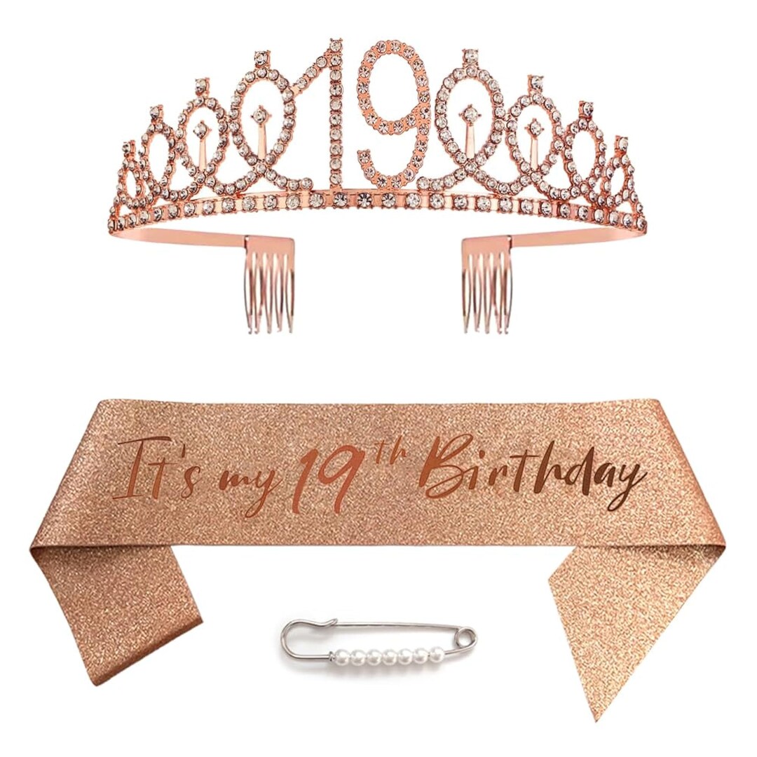 19th Birthday Sash Tiara and Crowns for Girls, Birthday Queen Rose Gold
