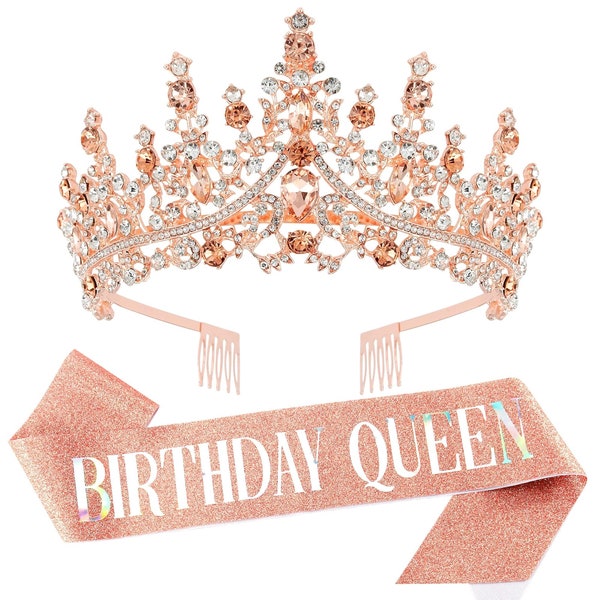 Birthday Sash and Tiara for Women Rose Gold Glitter Crystal Tiara & "Birthday Queen" Sash Set Birthday Crown and Sash