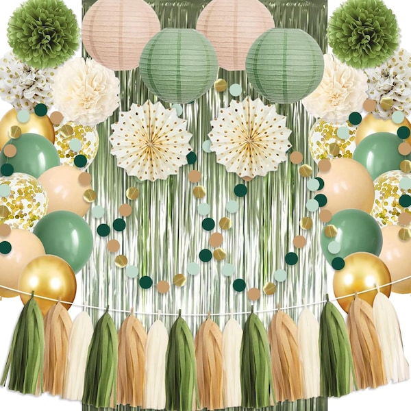 Sage Green Gold Party Decorations, 45Pcs Kit Balloons Paper Pompoms Tassel Garland Fringe Curtain