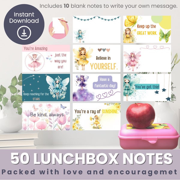 Lunch Box Notes for Kids, Lunchbox Notes Printable, Printable Lunchbox Notes, Fairy Notes, Encouragement Cards, Lunch Box Personalised