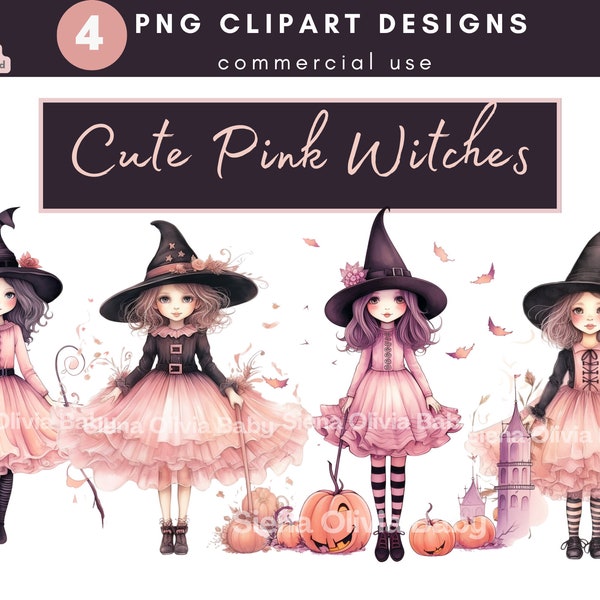 4 Cute Pink Witch Clipart PNG | Vintage Halloween | Whimsical Clipart | Whimsical Witch | Pink Halloween | Witch Bundle PNG | Witch PNG