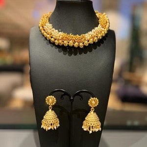 Gold Copper with Pearl Necklace & Earrings Set