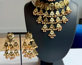 Indian Punjabi Traditional Gold Plated Jadau Necklace Earrings and Tikka Set Pearls Patti Choker Womens Jewelery